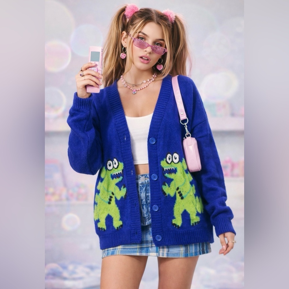 Forever 21 Blue Dinosaur Cardigan Y2K Graphic Oversized Knit Sweater Medium